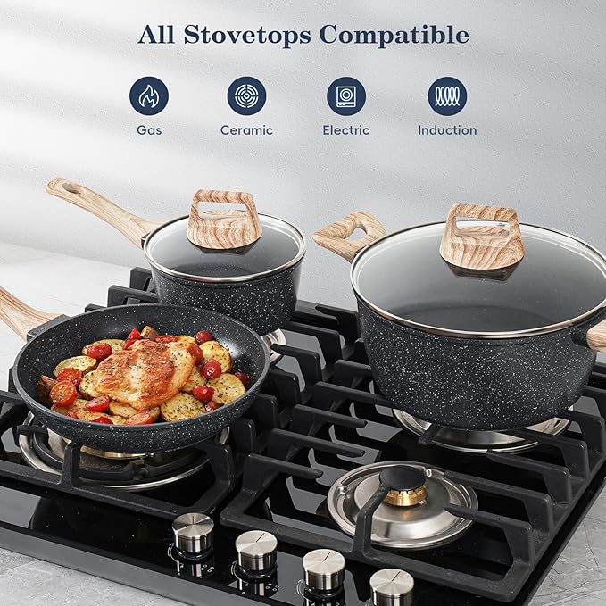 12 Pcs Pots and Pans Set, Nonstick Cookware Sets Black Granite Induction Cookware, Non-toxic Healthy Non Stick Kitchen Cooking Set with Frying Pans Set, Saucepans,Steamer (PFAS, PFOA, PFOS Free)