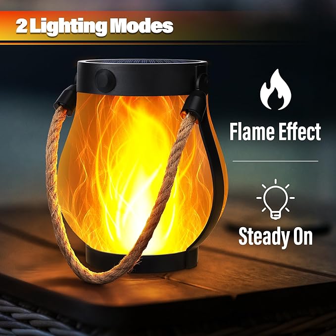 Solar Flame Lantern Hanging Outdoor Waterproof Purple - 2 Pack Flame Lanterns with Dual Charging Modes of Solar & USB for Garden or Yard Christmas Decorations (Warm White - 2 Pack)