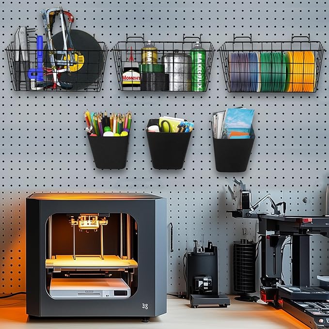 Pegboard Basket Organizers, Peg Board Large Baskets Hooks Bins Cups Tool Organizer 6 Pack Set, Wall Storage Display Hanging Accessories for Craft Office Stadio Shed Garage Organization (Black & Black)