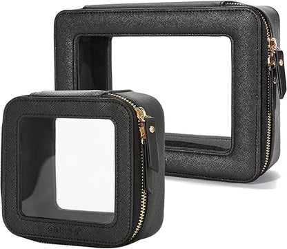 Aveniee Clear Makeup Bag Set (2-Piece Mini & Midi) - Travel Toiletry Organizer for Women, Waterproof Cosmetic Pouch & Car Accessory for Travel Size Toiletries, Black