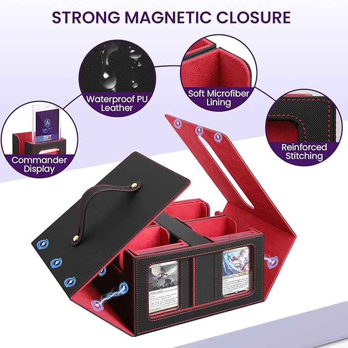 Card Storage Box for MTG with Commander Display for Trading Cards 400+, Card Deck Box with Handle, Removable Deck Case for TCG/Sports Cards, 4 Dividers, 1 Dice Tray, 4 Card Holders, Black Red