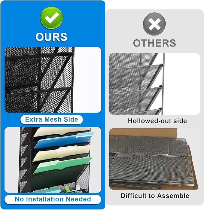 EASEPRES Desk File Organizer Mesh 11-Tier, Hanging Wall Mount Document Organization Stand, Desktop Vertical Mail Paper Folder Holder Rack with Bottom Tray for Office Home Cubicle Countertop, Black