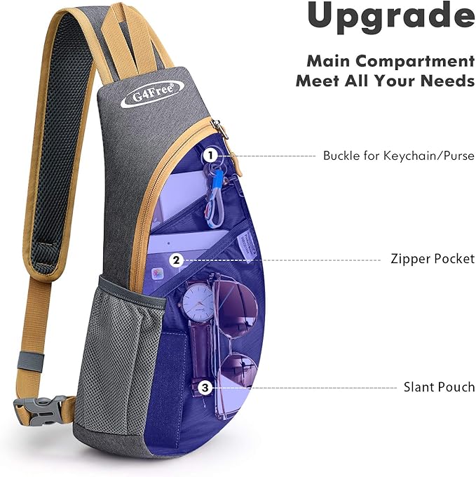 G4Free Sling Bag for Men Women, Small Crossbody Backpack Lightweight Chest Shoulder Bags for Travel, Outdoor and Sports (Grey Yellow)