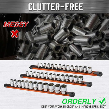 ALOANES 3-Piece Magnetic Socket Organizer, Heavy Duty Aluminum Socket Rails Organizer, 360° Swivel Clips Socket Holder Kit for Tool Box, 1/2-Inch Socket Holder x 36 Clips (Orange)