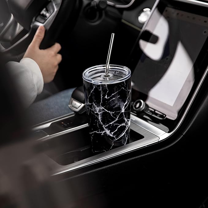 THILY Stainless Steel Vacuum Insulated Tumbler Travel Mug 26 oz Coffee Cup with 2 Lids and Straws, Splash Proof, Keep Ice Drinks Cold, Black Marble