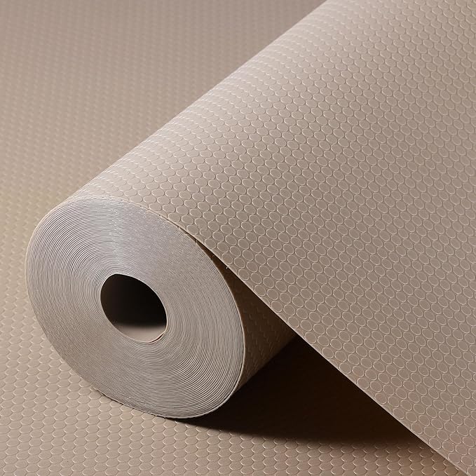 Beige Shelf Liners for Kitchen Cabinets Non Adhesive Drawer Liner for Bathroom Waterproof Refrigerator Liners for Shelves Fridge Plastic Mats Cabinet Cupboard Liner 23.6 x 393.7 Inches