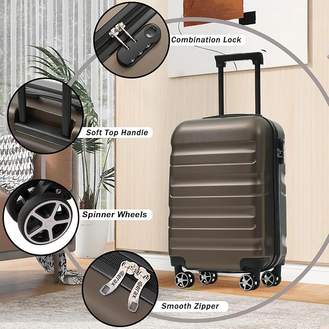 Merax Carry On Luggage Set 20 Inch Hardshell ABS Suitcase with 8 Silent Wheels Foldable Duffel Bag Durable Travel Luggage for Daily Use Business Brown
