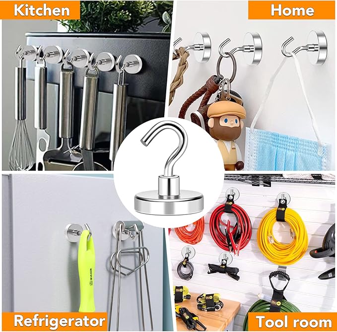 MIKEDE Magnetic Hooks Heavy Duty, 170LB+ Strong Neodymium Magnets with Hooks for Refrigerator, Large Magnetic Hooks with Epoxy Coating for Hanging, Home, Workplace - 10 Pack