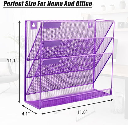 EASEPRES Desk File Organizer Mesh 4-Tier, Hanging Wall Mount Document Organization Stand, Desktop Vertical Mail Paper Folder Holder Rack with Bottom Tray for Office Home Cubicle Countertop, Purple