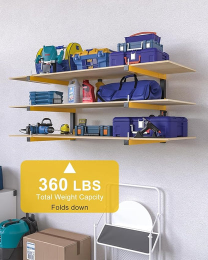 Lumber Rack Wall Mount Storage Racks Folding Wood Organizer Heavy Duty Shelf Brackets With 3-Level 360 Lbs Capacity Yellow Metal Utility Racks Garage Wall Shelving for Indoor and Outdoor Use (2 Pack)
