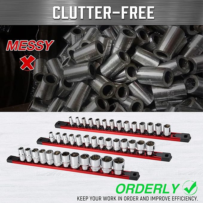 ALOANES 1/4-Inch Drive Magnetic Socket Organizer, Heavy Duty Aluminum Socket Rail Organizer, 360° Swivel Clips Socket Holder Kit for Tool Box, 1/4-Inch Socket Holder x 14 Clips (Red)