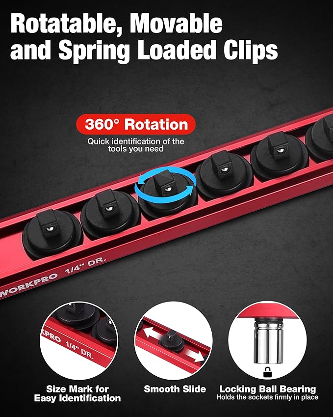 WORKPRO 6-Piece Magnetic Socket Organizer and Magnetic Screwdriver Organizer Set, 3-Piece 1/4", 3/8" & 1/2" Drive Metric & SAE Socket Rail, 3-Piece Screwdriver and Wrench Holder(Sockets not Included)