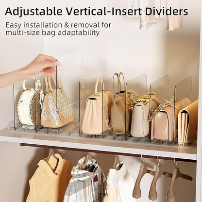 Bag & Purse Organizer for Closet Shelf Stackable Acrylic Shelf Dividers for Closet Organization, Clear Handbag Purse Storage Organizer Divider, Keep Clutch, Wallet, Pocketbook Upright, 4 Pack