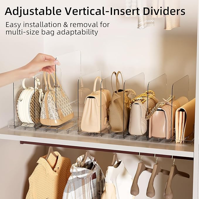 Bag & Purse Organizer for Closet Stackable Acrylic Shelf Dividers for Closet Organization, Clear Handbag Purse Storage Organizer Divider, Keep Clutch, Wallet, Pocketbook Upright, 2 Pack