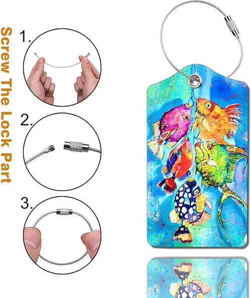 2 Pack Luggage Tag for Suitcase, Cute Unique Leather Bag Tags Identifiers Privacy Cover ID Label with Durable Steel Loop for Women Men Kids Girls Travel，Fish