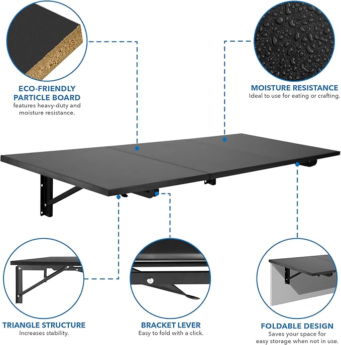 Mount-It! Heavy Duty Drop Down Table, Wall Mounted Drop Leaf Tables 45x15x7 Inches, Collapsible, Folding Workbench for Home Office, Laundry Room, Garage, Basement Bar, Study or Kitchen (Black)