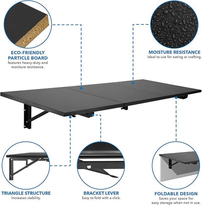 Mount-It! Heavy Duty Drop Down Table, Wall Mounted Drop Leaf Tables 45x15x7 Inches, Collapsible, Folding Workbench for Home Office, Laundry Room, Garage, Basement Bar, Study or Kitchen (Black)