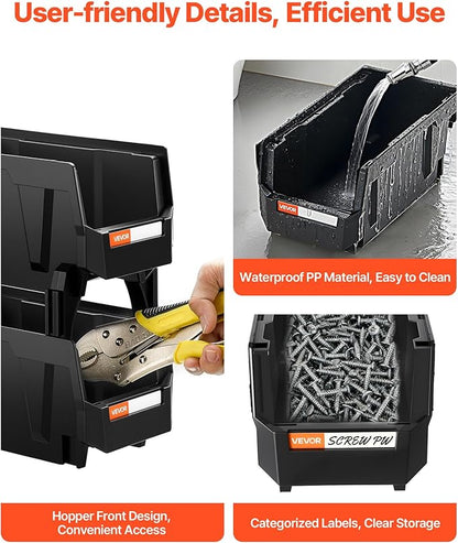 VEVOR Plastic Stackable Storage Bins, 10.9 x 5.5 x 5.1 inch (8 Pack), Plastic Containers for Organizing and Storage Bins for Closet, Garage, Small Parts, Office Supplies and Other Accessories, Black