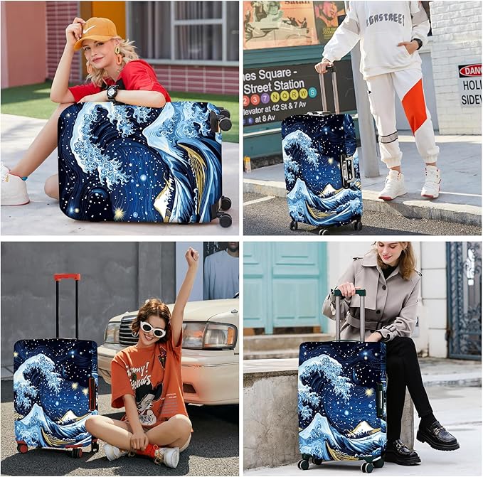 ANNA QUEEN Starry Ocean Wave Luggage Cover, Suitcase Protector with Artistic Van Gogh Style, Stretchable, Washable Travel Cover for 24-26 Inch Luggage