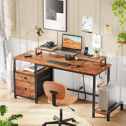 Furologee 55" Computer Desk with File Cabinet and Power Outlets, Home Office Desk with 2 Movable Monitor Stands and Storage Drawer, Writing Table with Shelves and 2 Hooks for Bedroom, Rustic Brown