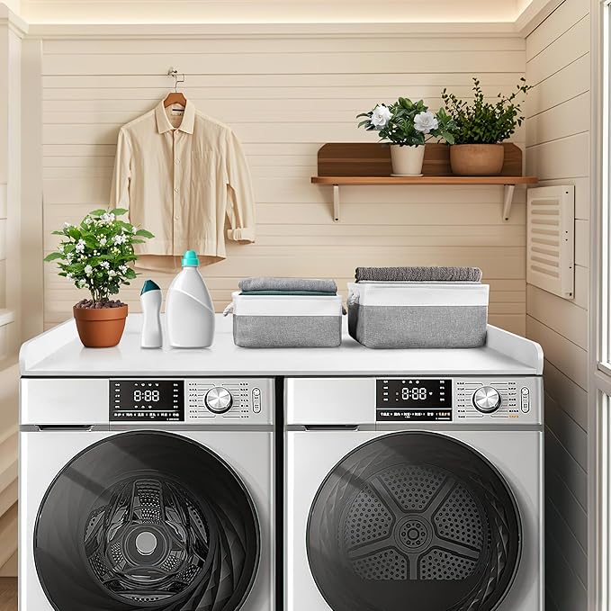Washer Dryer Countertop with 2 Pack Storage Baskets, Wood Washer and Dryer Countertop with Non-Slip Pads/Edge Rails for Laundry Room Storage and Organization, 27.5" W x 54" L(White)