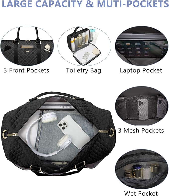 Women Weekender Travel Duffle Bag: Travel Duffel Overnight Bags with Shoe Compartment Large Carry on Tote with Toiletry Bag Weekend Traveling Yoga Gym Hospital Bag for Women with Wet Pocket Black