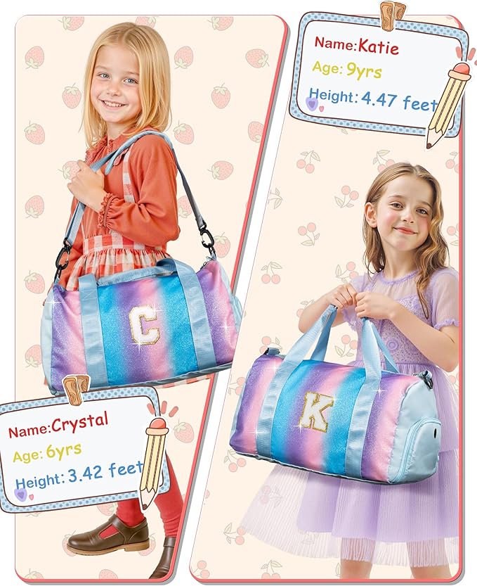 Gifts for 3 4 5 6 7 8 9 10 Year Old Girls-Girl Gym Bag with Shoe Compartment, Kid Personalized Weekender Overnight Bags, Initial Travel Tote with Makeup Pouch, Gift Ideas for Kids (Letter M)