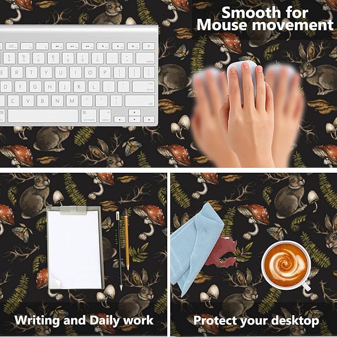 Desk Mat,Mystical Hare with Mushroom Gaming Mouse Pad,XXL Extended Mouse Pad Mat for Office,Computer,Keyboard with Non-Slip Base Stitched Eges Mousepad 35.4x15.75 inch