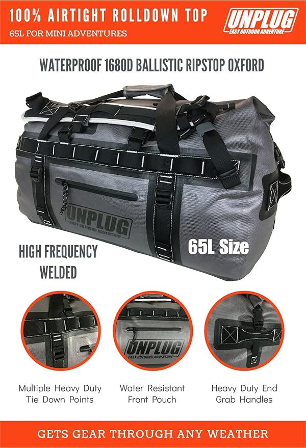 UNPLUG Waterproof Bags for Travel -1680D Heavy Duty Waterproof Duffel Bag for Camping, Motorcycle Dry Bag, Hunting Bag, Bug Out Bag, dry bags for kayaking waterproof boat bag (65L Storm Grey)