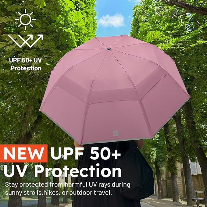 Weatherman Premium Collapsible Travel Umbrella - Windproof, Compact, Easy Auto Open - Resists Up to 55 MPH Winds - Perfect for Rain, Wind, Backpack, Car - Folding Umbrella (Blush)