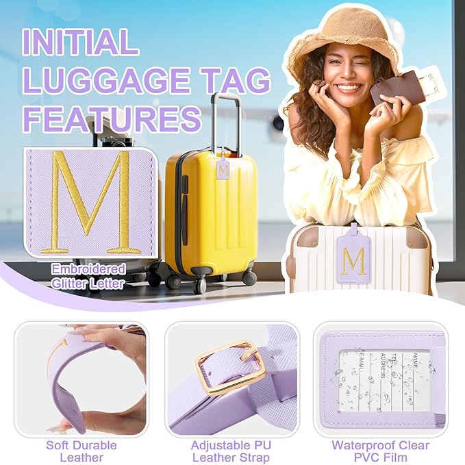 Personalized Initial Luggage Tags for Suitcase, Purple Leather Cute Luggage Tags with Privacy Cover Name Card, Embroidered Custom Monogrammed Luggage Tag Travel Backpack Tags Gifts for Women Kids(M)