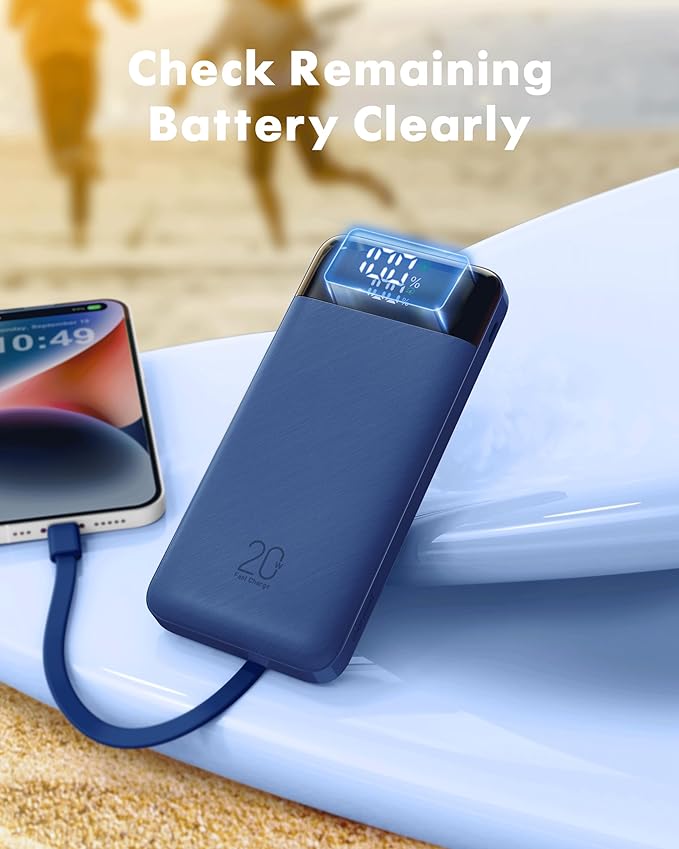 charmast 20000mAh Portable Charger with Built in Cables, 22.5W Travel Power Bank Fast Charging, USB C Cell Phone Battery Pack for iPhone 16/15/14/13/12/11 Series, iPad, Samsung, Android, Tablet
