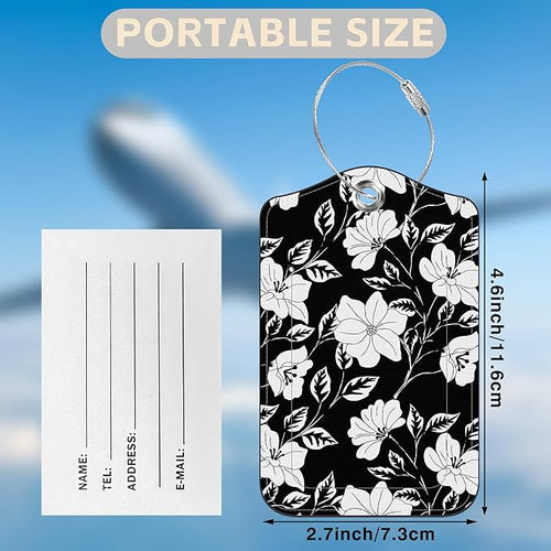 2 Pack Luggage Tags for Suitcases Black Flowers and Leaves Leather Luggage Tags Privacy Cover ID Label with Stainless Steel Loop and Address Card for Women Men Travel Bag Backpack