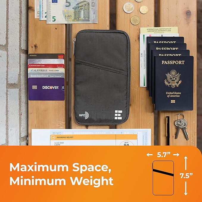 Passport Holder Family up to 6 Passports, Large Passport Wallet and Premium Travel Document Holder Organizer with RFID Anti-Theft Blocking - 7 Bonus RFID Blocking Sleeves - Shadow
