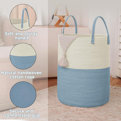 Large Woven Laundry Basket Hamper,100L Cotton Rope Storage Bin for Blankets,Toys and Clothes,Decorative Tall Nursery Hamper for Living Room,Baby Nursery,Bathroom and Bedroom,White and Blue