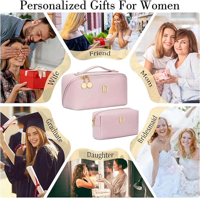 Birthday Gifts for Women Teen Girl, Personalized Initial Makeup Organizer Bag Set, Open Flat Travel Cosmetic Bag With Clear Divider and Handle(Pink,D)