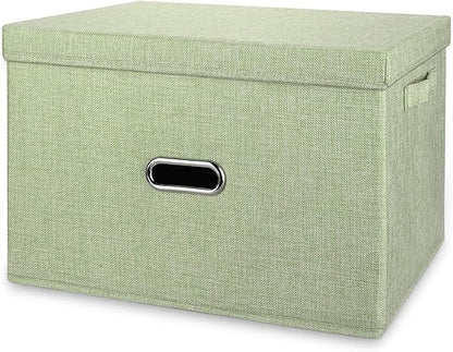 Linen Fabric Collapsible Storage Bins with Removable Lids and Handles, Washable Storage Box Containers Baskets Cube with Cover for Bedroom,Closet,Office,Living Room,Nursery (Green, Medium)