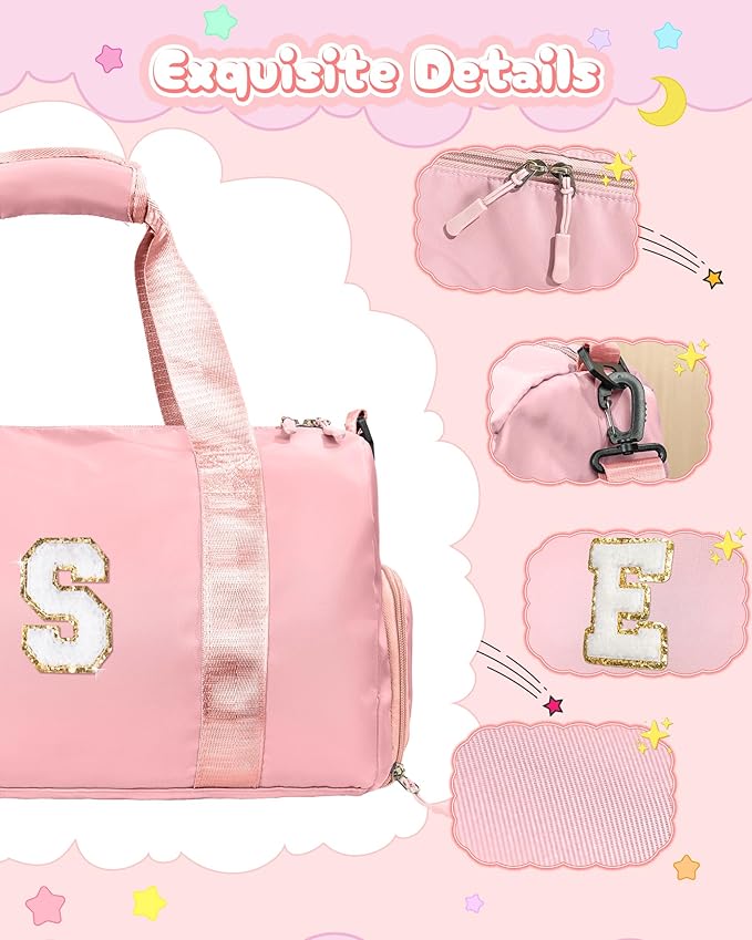 Valentines Day Gifts for Her-Girl Gym Bag with Shoe Compartment, Kid Personalized Weekender Overnight Bags, Initial Travel Tote with Makeup Pouch, Girls Kids Easter Gift (Letter V)