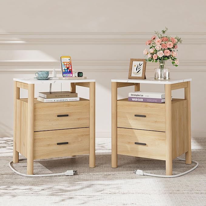 Night Stand Set of 2 with Charging Station, 20" Large Modern Nightstand with Faux Marble Top, 2 Drawers End Table with Solid Round Post Legs&Open Shelf, for Bedroom, Natural Oak