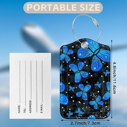 2 Pack Luggage Tags for Suitcases Blue Butterfly Leather Luggage Tags Privacy Cover ID Label with Stainless Steel Loop and Address Card for Women Men Travel Bag Backpack
