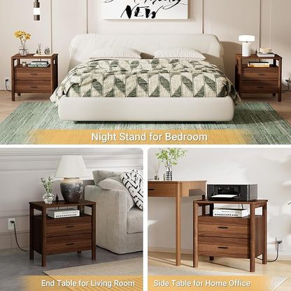 Night Stand Set of 2 with Charging Station, 24" Large Modern Side Table with Solid Round Post Legs, 2 Drawers End Table with Open Shelf, Nightstand for Bedroom, Walnut