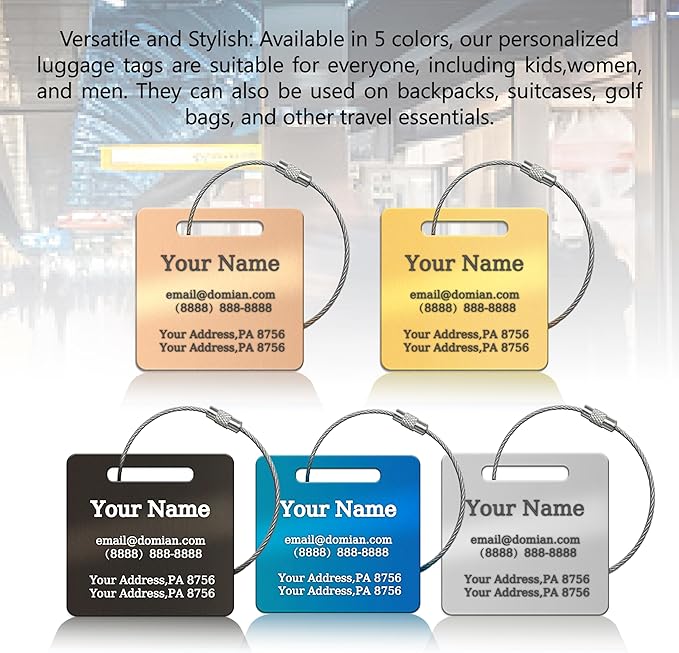 （2-Pack） Stainless Steel Custom Luggage Tags - Laser Engraved Personalized Travel Tags - Custom Name Identification Tags: for Suitcases, Backpacks, Bags and More (Gold)