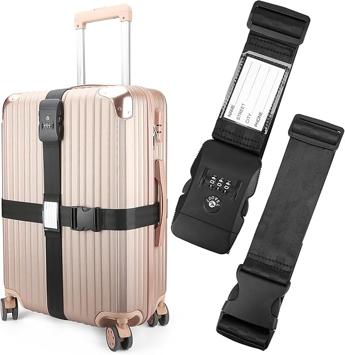 Luggage Straps, TSA Approved Luggage Strap Belt with Combination Lock for Suitcases, 2 Pack Heavy Duty Adjustable Black Cross Suitcase Straps with Name Tags for Travel, Carry On Bags, Protect