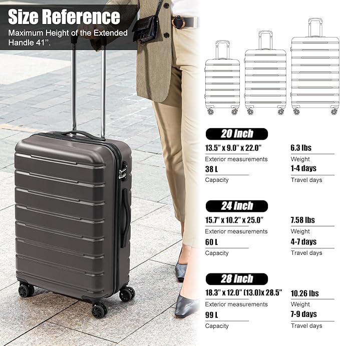 Coolife Luggage Suitcase Carry-on Spinner TSA Lock USB Port Expandable (only 28’’) Lightweight Hardside Luggage (Silver, 3 piece set)