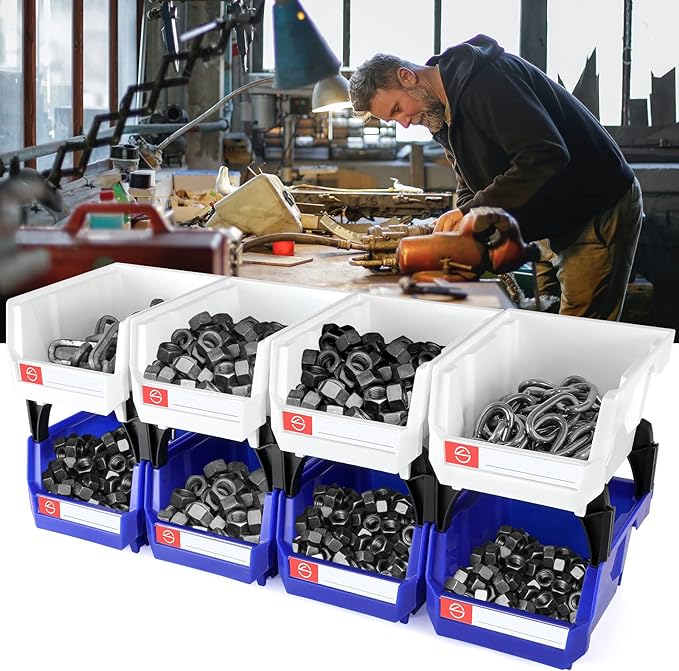 Pe&Hui Storage Organizer Bins,Wall Mount Storage Parts Rack,Stackable Shop Tool Bins for store Screws,Small Parts,Office Supplies and other Accessories Blue (6Pack)