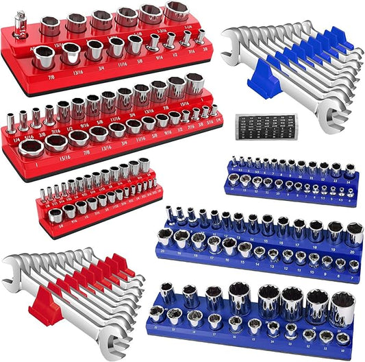 8PS Magnetic Wrench and Socket Organizer Set, Tool Trays 1/4", 3/8", 1/2" Tool Box Organizer, Metric Holder(Socket, Wrench not Included)