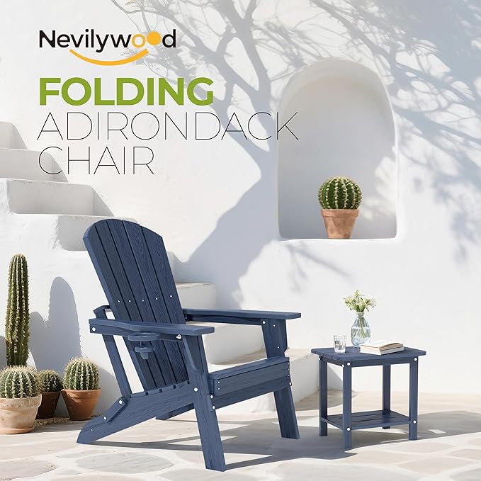 Folding Adirondack Chair - Extended Ergonomic Backrest, Cup Holder - Easy Assembly - Durable HDPE Plastic, Weather Resistant & Maintenance-Free - Lawn, Patio, Deck Supports 380lbs NavyBlue
