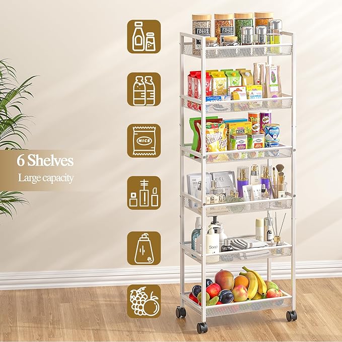 6 Tier Slim Rolling Storage Cart, Narrow Mobile Shelving Unit Organizer Utility Cart with Wheels, Metal Wire Storage Rack with Baskets for Kitchen, Bathroom, Laundry & Living Room, 10in(W) White