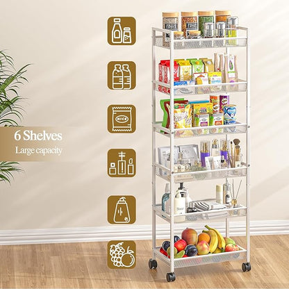 6 Tier Slim Rolling Storage Cart, Narrow Mobile Shelving Unit Organizer Utility Cart with Wheels, Metal Wire Storage Rack with Baskets for Kitchen, Bathroom, Laundry & Living Room, 10in(W) White