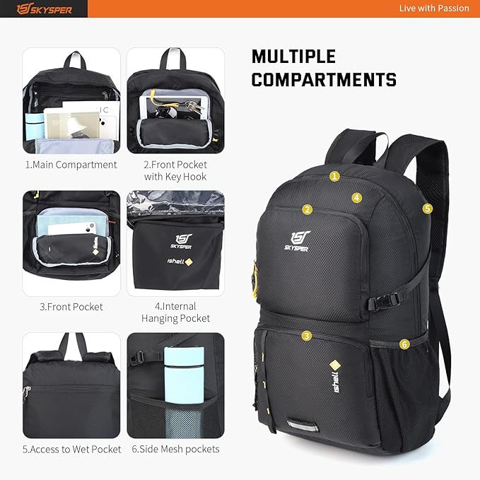 SKYSPER Lightweight Packable Backpack - 30L Hiking Daypack with Wet Pocket Foldable Travel Carry-on Backpack for Women Men